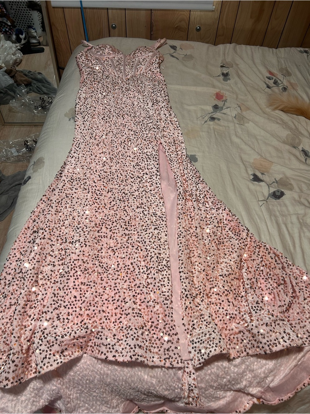 Pink Sequin Prom Gown with Thigh Slit